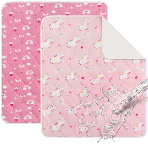 Yukkidds Alèse Protège Matelas Lavable 90x75 cm Lot de 2 Couvre-Matelas Imperméable Bébé & Enfant-Absorbant, Respirant, Anti-Fuite pour Lit, Incontinence, Sueur et Liquides Licorne Rose