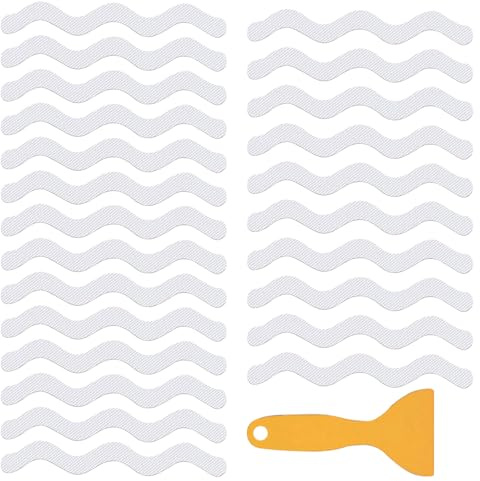 Winhuey 24 Pcs Non Slip Strip Stickers for Bath and Shower, Wa-ve Anti-Slip Strip with Scraper, Non Slip Bathtub Stickers for Stairs, Shower Room, Slippery Surfaces, Sauna, Kitchen (White)