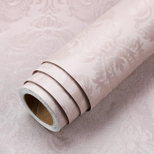 LACHEERY Papier Peint Rose Pale Adhésif Salon Tapisserie Murales Papier Peint Fleur Damas 60cm x 400cm Revetement Mural Adhesif Etanche Vintage Film Autocollant pour Armoire Mur Chambre Bureau