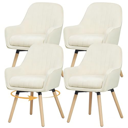 ELUCHANG Sedie da Pranzo Set di 4, 360°Girevole, 12cm Spessore Poltroncina con Braccioli Alti, Crema Velluto Sedie per Cucina, Sala Living e Camera, Carico Max.150 kg, Gambe in Legno