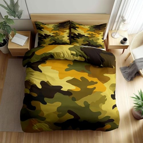 HATEGE Set Copripiumino Matrimoniale Mimetico Verde Militare, Copripiumino Double Face Mimetico Retrò Biancheria da Letto in Microfibra, 3D Copripiumini 250x200 cm e 2 Federe 5685-ABC
