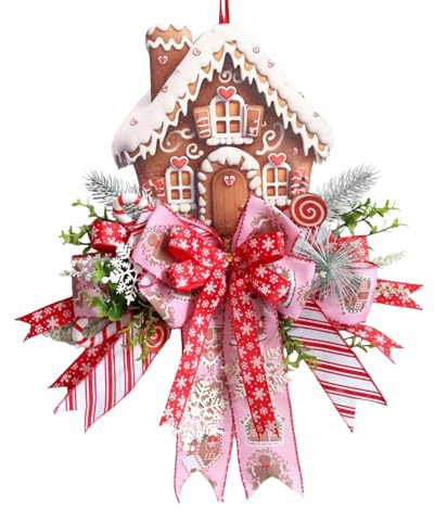 Lebkuchenhaus-Design Türkranz Weihnachten, Weihnachtstürkranz Mit Großem Schleifendesign, Türkranz Winter, Dekoration Für Bauernhauszaun, Innenhof, Terrasse, Schulfenster (A)