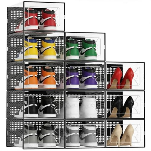 DUMOS 12-Pack Clear Shoe Boxes, Stackable Shoe Storage Container Organizer with Lids, Plastic Sneaker Case for Under Bed, Entryway, Sneaker Display and Storage, Black
