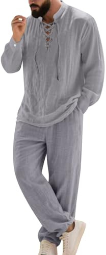 Tuta Completa Uomo 2 Pezzi Lino Cotone - Camicia Manica Lunga+ Pantaloni Tinta Unita Traspirante - Set Casual Sportivo Spiaggia Vacanza Yoga Pigiama Palestra Fitness Allenamento Jogging Taglie Forti