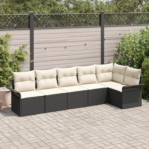 RMIHSJG Lot de 6 canapés de jardin avec coussins, noirs, en polyrotin, modulaire, pour terrasse et balcon, coussins rembourrés résistants aux intempéries, groupe de sièges confortables, facile