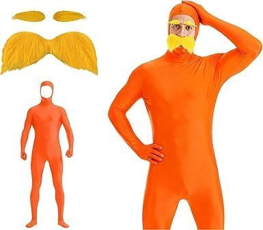 Genérico Disfraz Lorax y Slenderman para Adulto Mono Naranja de Cuerpo Completo con Bigote Naranja y Cejas Unisex Disfraz de Cuerpo Entero Carnaval, Halloween Cosplay