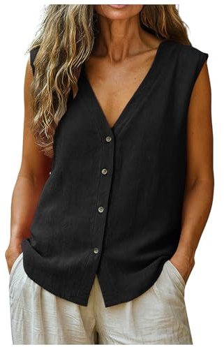 Genérico Top Verano Mujer Blusa sin Mangas algodón Lino Cuello en V con Botones Talla Grande Holgada Vintage Ligera Transpirable Casual Elegante Ideal Playa Oficina Vacaciones Fiesta Primavera (XL)