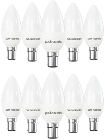 paul russells LED Light Small Bayonet Cap B15, 60watt Equivalent, 6.5W 806LM LED Bulbs, 6500K Bright Daylight, Frosted C35 SBC Candle Energy Saving Non-Dimmable Chandelier Lightbulbs, Pack of 10