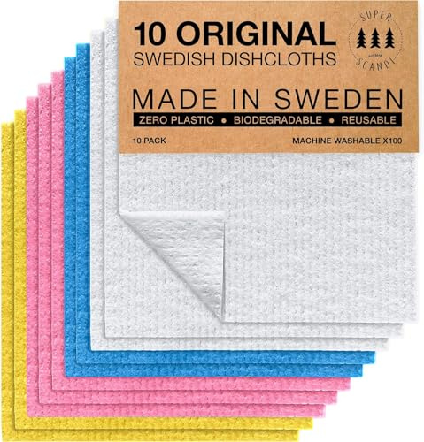 SUPERSCANDI 10 Piezas Paños de Cocina - 100% Biodegradables y Compostables | Trapos de Cocina Reutilizables, Aptos para Alimentos y Sin Plástico | Bayetas para Todas Las Superficies, Multicolor
