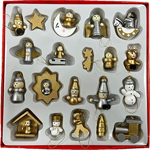 Set of 20 Wooden Christmas Tree Decorations – Hand Painted Hanging Ornaments with Nativity Figures, Angels, Snowmen & Stars – Traditional Handmade Festive Baubles for Tree, Garlands & Displays