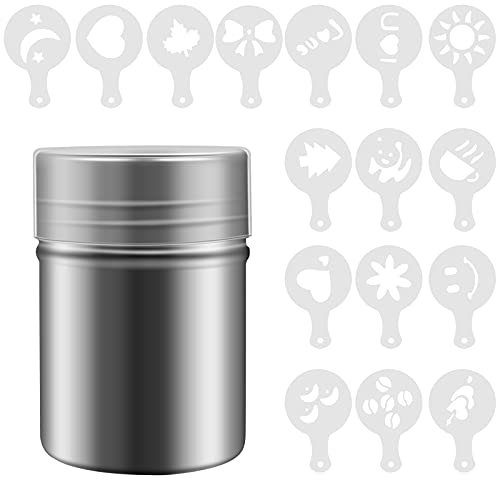 Stainless Steel Coffee Sprinkles Powder Set with 16 Stencils, Chocolate Shaker Duster, 5.5cm*9cm