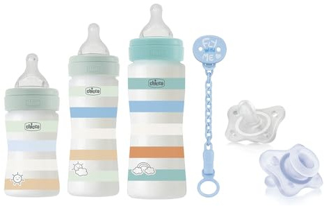 Chicco 1x Erstausstattungsset mit WELL-BEING Babyflaschen 150 ml, 250ml, 330ml; PhysioForma Silikon-Schnuller 0-6 Monate; Schnullerband Blau, 5 Stück (1er Pack)