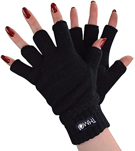 THMO Femme Gants Sans Doigts Thinsulate Doublés Polaire Gants Sans Doigt Chaud pour Hiver (Taille unique, Noir)