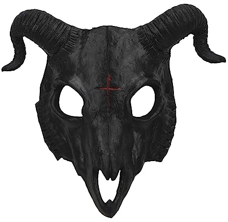 PURFUN Black Goat Head Skull Mask Ram Horns Animal Skull Costume Mask Horror Demon Devil Evil Mask Cosplay Halloween Mardi Gras Full Face Mask Creepy Party Decoration Prop