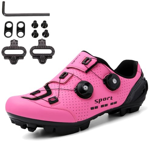 SDEQA Uomo Scarpe MTB Donna Scarpe Mountain Bike Compatibili con Pedali SPD 2 Bulloni con Tacchette, Zapatilla de Ciclismo All'aperto,Rosa,38 EU