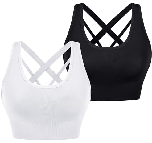 Leversic Sport BH Damen Push up, Sports Bra Ohne Bügel Sport BH Rückenfrei, mit Breiten Trägern für Besseren Halt und Unterstützung, 314-2PCS-Schwarz+Weiß, M