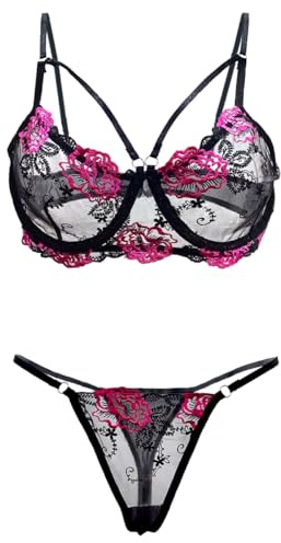 Satohom Conjuntos Lencería Sexy Malla Transparente Mujer,Ropa Interior Babydoll Caliente,2 Piezas Media Taza Rosa Sujetador y Bragas Tanga, Encaje Bikini Slips Leopardo Ropa de Dormir