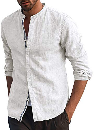 Runcati Herren Langarmhemd Baumwolle Stehkragen Freizeithemd Leicht Leinen Hemd Lässig Sommer Tops, Weiß, L