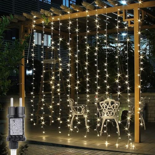 SALCAR Tenda luminosa a LED per esterni, 2 x 2 m, per interni con 8 modalità e memoria, illuminazione natalizia per esterni, colore bianco caldo