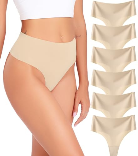 Wealurre String Tanga Femme sans Couture Caleçon Taille Haute Lingerie Femme Slip Seamless Femme Lot de 6,XL,Skin