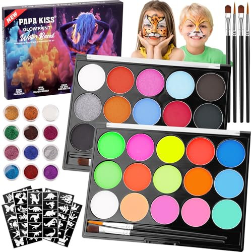 POFIBO Kinderschminke Set - Farben Kinderschminken Set mit 30 Farben Schminkpalette, 12 Glitzer, 4 Pinsel, 60 Tattoo-Vorlagen, Kinderschminken für Fasching Halloween Karneval