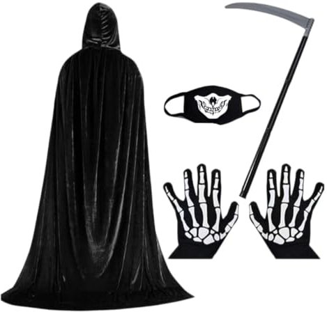 NICEYEA Halloween Hooded Robe Cloak with Sickle, Skull Skeleton Face Scarf, Glove, Devil Vampire Witch Shawl Cosplay Party Fancy Dress Costume Accessories