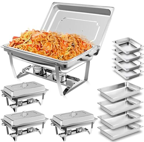 YORKING 9L Chafing Dishes for Buffet, 4 Pack Chafing Dish Buffet Set, Stainless Steel Food Warmers with 4 Full & 4 Half Size Pans Lids Foldable Frames Fuel Holders for Parties Birthday Holiday Events