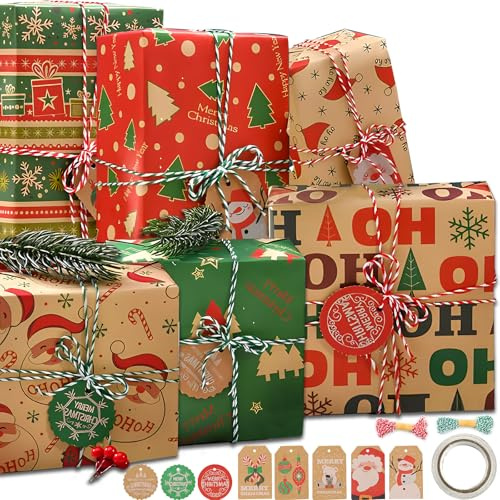 XIMEY Presentpapper jul, presentpapper, 70 x 50 cm, presentpappersset, julpapper för presentförpackning, wrapping paper jul, gift wrapping paper