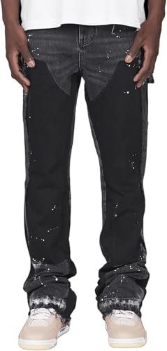Vivoofchic ausgestellte Streetwear Denim Hosen mit Tintenspritz Design, Patchwork und Taschen Bootcut Baggy Casual Hosen im Hip Hop Cowboy Stil（Schwarz S）