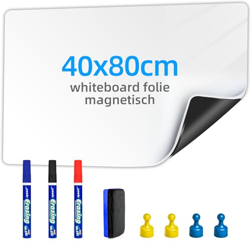 Magnetisk torrraderbar film, 40 x 80 cm, självhäftande, whiteboard, avtorkbar torrtavla, gör-det-själv, med markör, radergummi och magnet, väggfolie för släta ytor i skolan