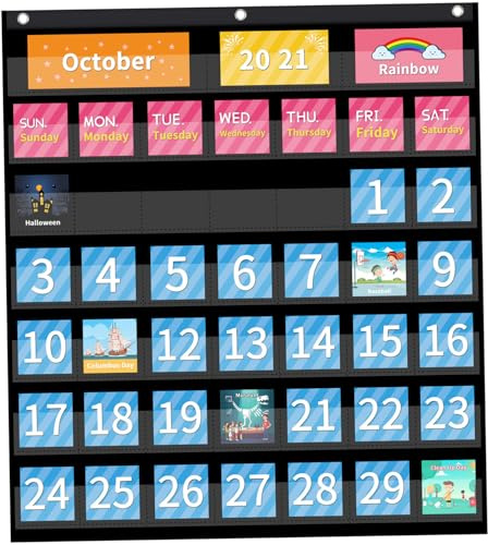 CUCUFA Gráfico de Bolsillo del Calendario en el Aula, Calendario Colgante de 25x24 Pulgadas con 104 Tarjetas, Tabla de Bolsillo en el Aula con Ganchos para educación en hogar, Suministros Escolares