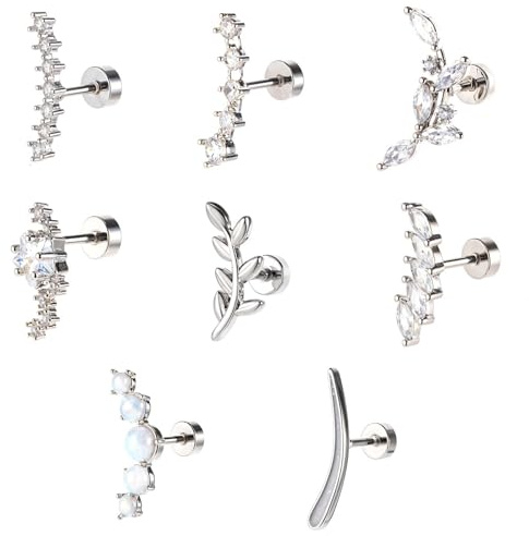HJZHII Lot de 8 boucles d'oreilles Helix Piercing, 16G Piercings Helix Conch Piercing Cartilage Tragus Bijoux en acier inoxydable avec dos plat, strass, 6, Acier inoxydable, Zircon cubique