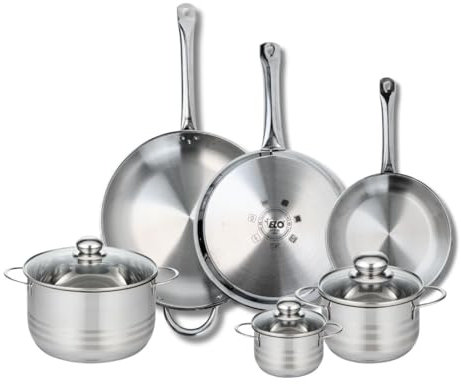 ELO 9886350 Batterie de cuisine 6 pièces, Ensemble de 3 Poêles de cuisson 24, 28 et 32 cm et 3 faitouts 12, 16 et 20 cm Elo Profi Brillant, inox, induction
