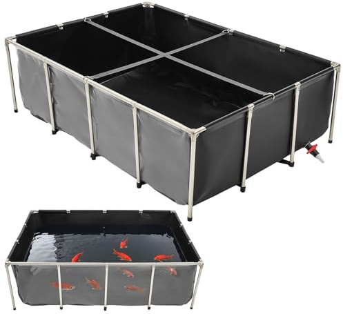 VEVOR Estanque de Lona sobre Suelo 1781,3 L de PVC con Panel de Visualización Transparente Tanque Rectangular 200x140x60 cm para Peces Dorados con Marco de Acero Inoxidable Válvula de Drenaje, Negro
