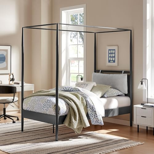 Modway Marlowe Twin Size Four-Poster Metal Canopy Bed Frame in Charcoal with Adjustable Cushioned Headboard – Modern Platform Bed with Poplar Wood Mattress Support