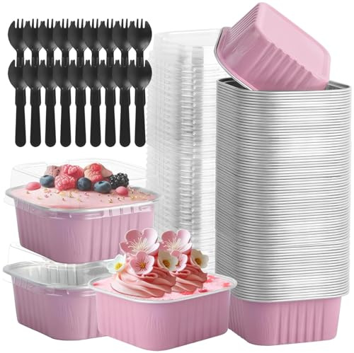 Hikrxya 60 Pack Mini Cake Baking Cups with Lids and Spoons - 150ml Reusable Aluminum Square Baking Cups - Mini Loaf Pans for Dessert Bread Wedding Picnic Birthday Party - Pink