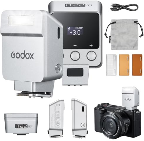 Godox iT22 F Mini Camera Flash for Fujifilm with 7.4V 300mAh Battery Manual/TTL Modes 700+Flashes 1.5s Recycle Hot Shoe Flash with Diffuser/Color Filters Accessories for Fuji Camera (Silver)