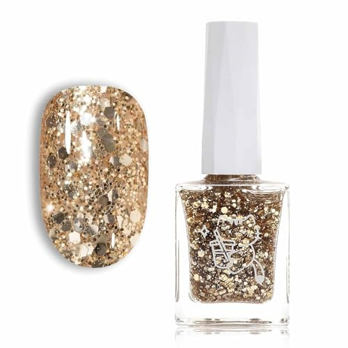 Glitter Nail Polish - Sparkly Gold Nail Varnish - Long Lasting Metallic Holographic Nail Polish - Quick-Drying Shimmer High Glossy Sequins Nail Art Varnish for Women, No Need Cure(Gold)
