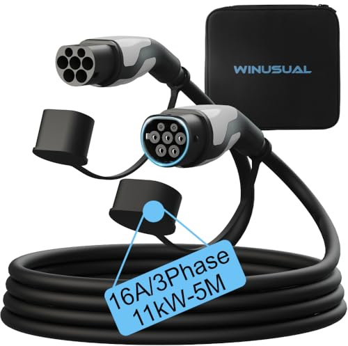WINUSUAL Typ 2 Ladekabel, 16A/ 3-Phasig / 11kw / 5m, Ladekabel Elektroauto Typ 2 Verlängerungskabel für EV/PHEV, Mit Tragetasche und Beidseitig Mikrofasertuch