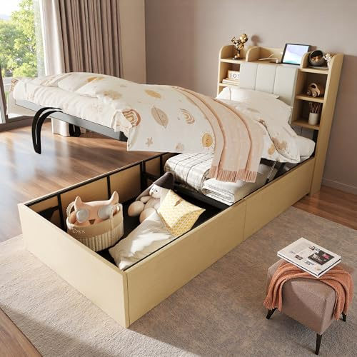 Wyibwy Struttura letto singolo 90x200cm con porta USB e presa Type-C,letto in legno con sistema idraulico contenitore,letto 90x200 con testiera imbottita con vano contenitore,senza materasso,Naturale
