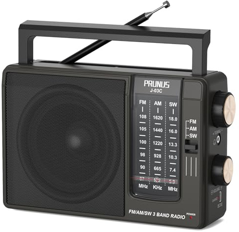 PRUNUS J03C AM FM Radio Portable USB or AA Battery Operated for Home/Outdoor, Large Speaker Excellent Sound, Excellent Reception, Large Tuning Knobs, Gifts for Seniors, No,Internet Radio/Shower Radio