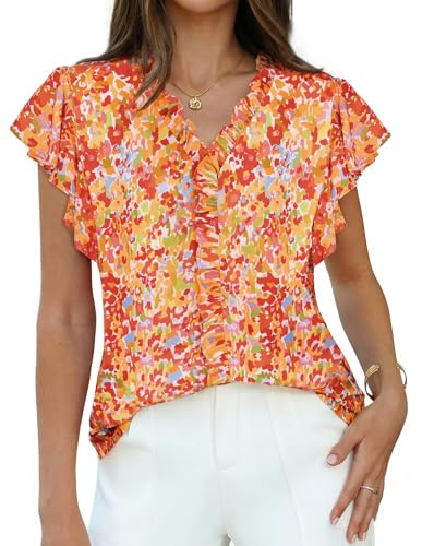 GRACE KARIN Haut d'été à manches courtes à volants pour femme - Coupe ample - Tunique florale élégante - Haut bohème