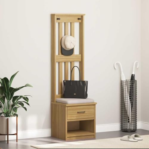 Plumbpyr SANDNES - Appendiabiti in legno di pino massiccio, 45 x 40 x 159,5 cm, con 3 ganci e cassetto, resistente panchina per ingresso e spogliatoio, moderna panca scandinava