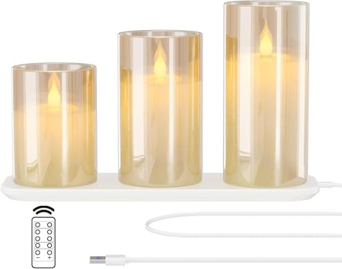 Generico Candele LED Ricaricabili Senza Fiamma in Vetro Giallo, Set 3 Pezzi con Telecomando, Timer 2/4/6/8H e Base di Ricarica USB, Effetto Fiamma Realistico per Casa e Decorazioni