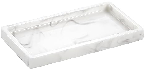 Emibele Jewelry Organizer Resin Tray, Bathroom Kitchen Dresser Vanity Tray Jewelry Dish Ring Holder Cosmetic Organizer for Candle Perfume Soap Shampoo Small Plant Home Decor, Mini Size - Marble White