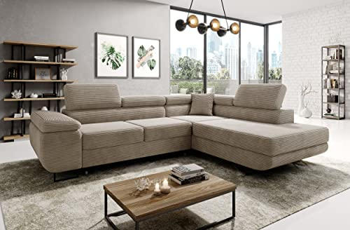 Easy4You Ecksofa Beige Avatar Kord L-Form – 277x73x203 cm - Schlafsofa mit Bettkasten und Schlaffunktion - Eckcouch mit Stauraum – Rechts – Stoff Kord POSO 02