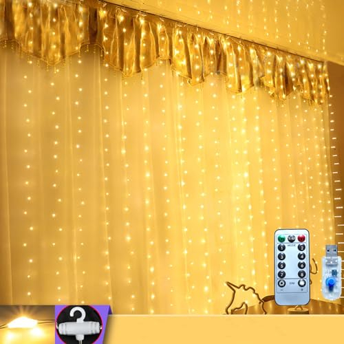 Lichtervorhang 3x3m LED Lichterketten Vorhang Warmweiß, USB LED Lichterkettenvorhang mit 8 Modi, IP65 Wasserdicht Lichtervorhang Innen Außen Deko für Valentinstag, Ramadan, Hochzeit, Weihnachten