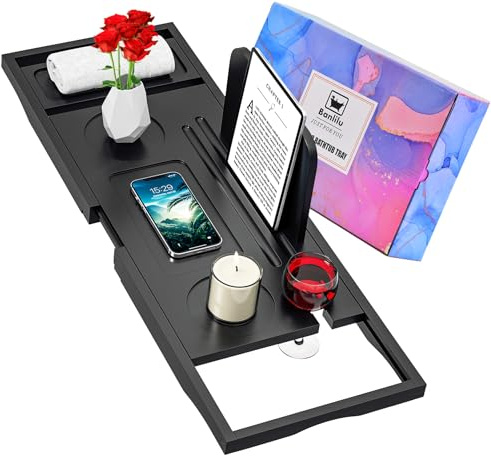 Banlilu Premium Badewannentablett – Erweitbares, rutschfestes Caddy Tablett für Badewanne, passt für die meisten Wannen