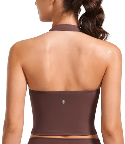 CRZ YOGA Butterluxe Halter Crop Linnen | Lätt stöd, Avtagbara vadderingar, Yoga, Extremt mjuk, Öppen rygg, Långa sport-BH:ar för kvinnor