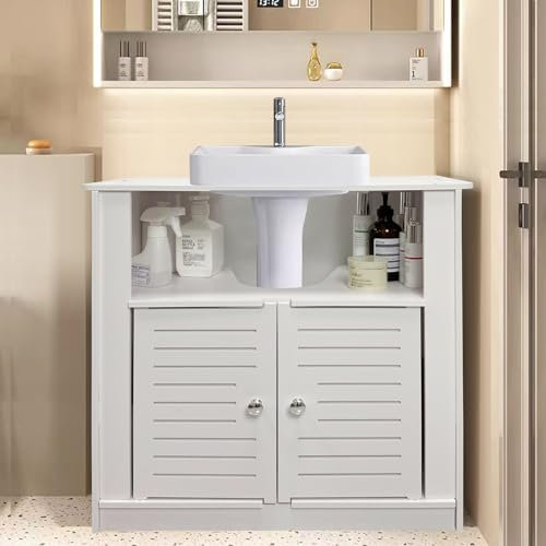 AOJEZOR Meuble sous vasque pour salle de bain avec 2 portes en bois blanc